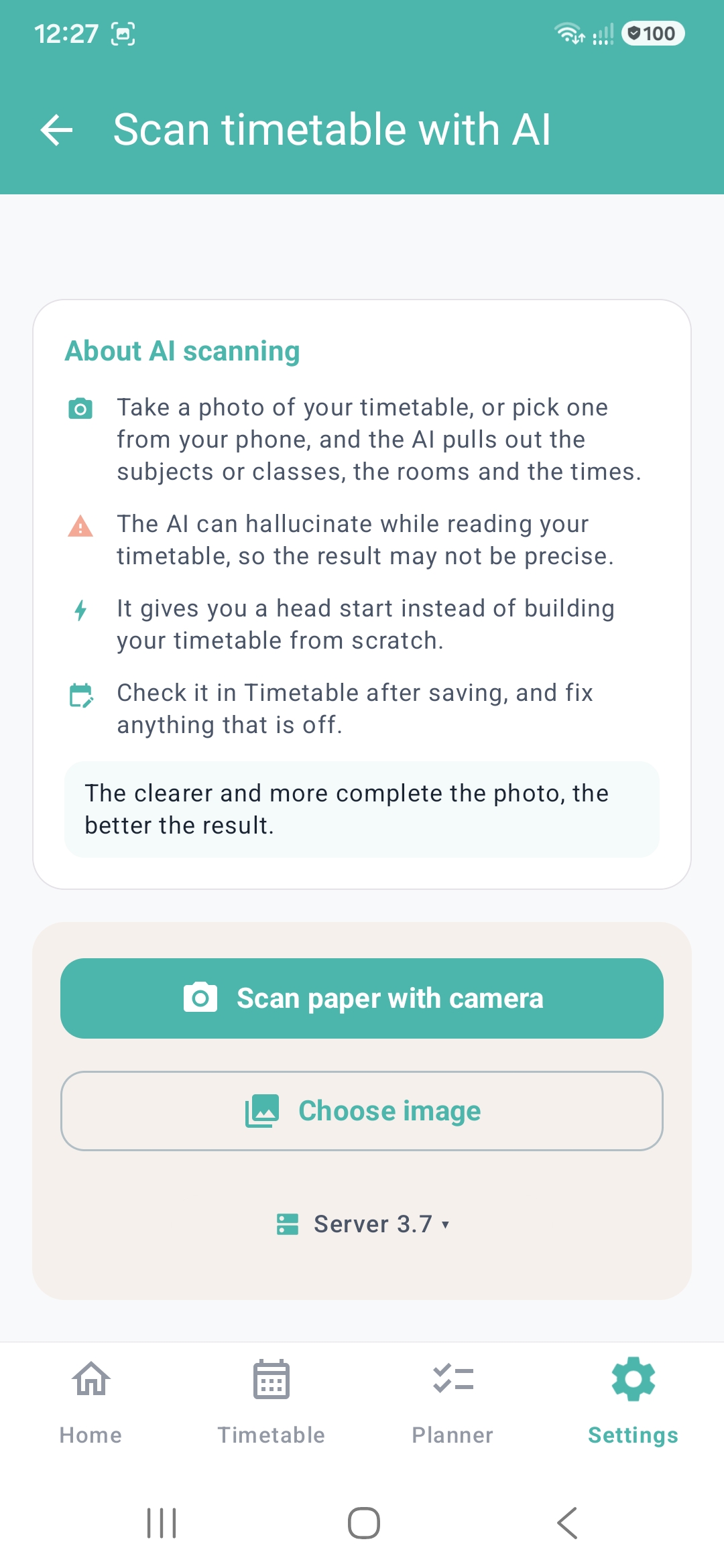 Scanning a paper school timetable with AI