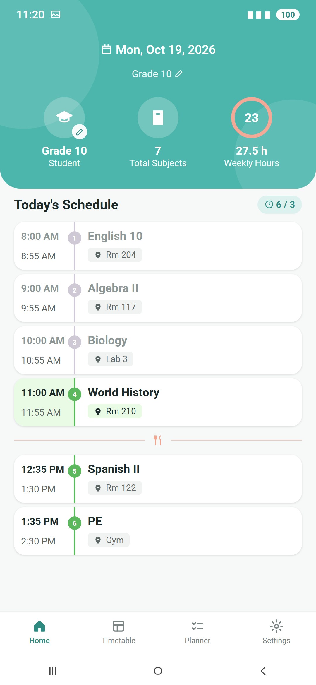 Today's classes in the Timetable Plus app