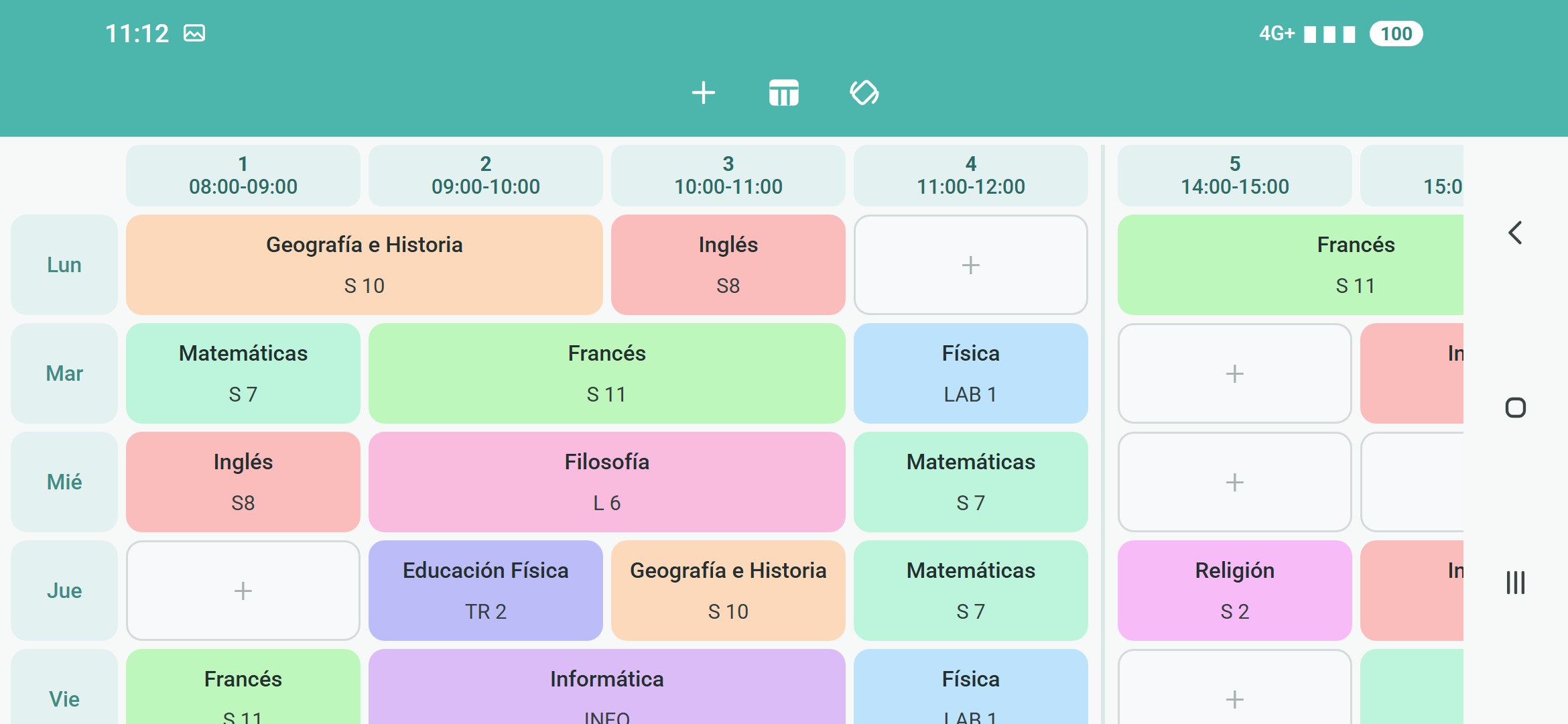 Horario semanal en vista horizontal
