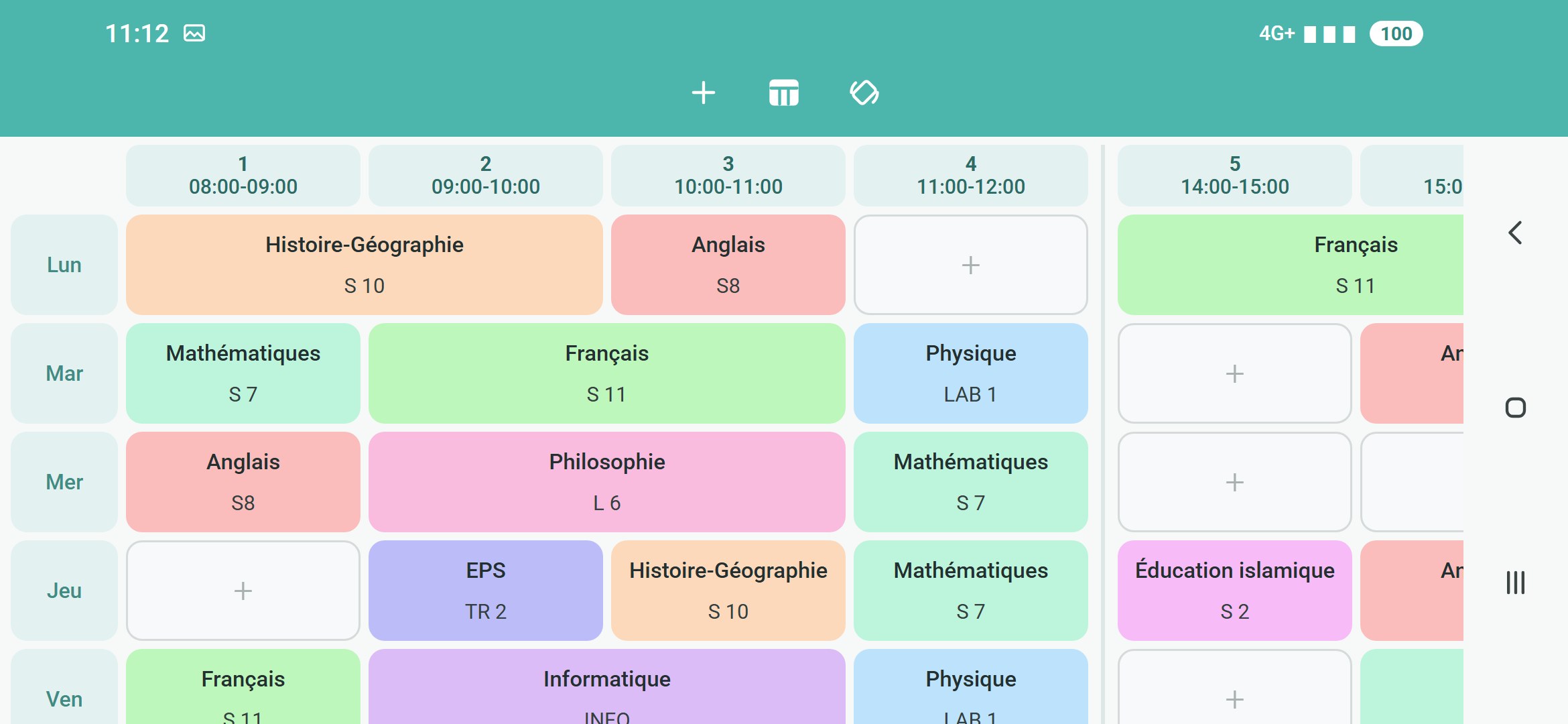 Emploi du temps de la semaine en mode paysage